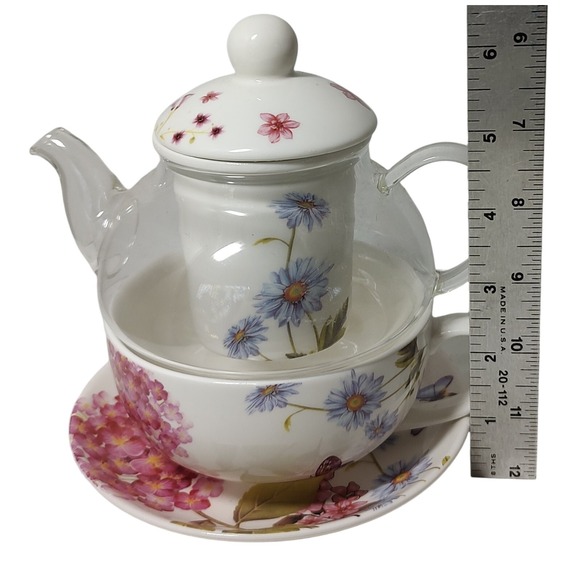 Grace Teaware Tea For One Teapot With Lid Infuser Cup and Saucer Hydrangeas - Picture 10 of 10
